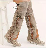 Purpdrank - Mujer Fashion Bohemia Knee-length Women Boots Ethnic Personality High Boots Tassels Faux Suede Boots Girl Flat Bottom Long Botas