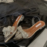 Purpdrank  Summer Fashion Crystal Sequined Bowknot Women Pumps Sexy Pointed Toe Clear Low Heels Mules Sandals PVC Transparent Shoes