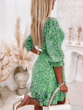 Purpdrank  Dresses Women V Neck Low Cut Boho Print Dress Ruffled Half Sleeve Dresses Summer New Fashion Chic Elegant Dress