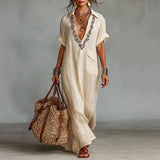 Purpdrank  Vintage Woman Clothing Summer Short Sleeve Print Vacation Maxi Dress Spring Sexy Deep V Neck Hollow Loose Boho Long Dresses