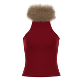 Purpdrank  Vintage Patchwork Fur Trim Collor Tank Tops Christmas Hollow Out Sleeveless Tanks Women Summer Fashion Streetwear Party