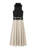 Purpdrank  European style new women's fashion all-match temperament splicing with belt stand collar sleeveless midi dress
