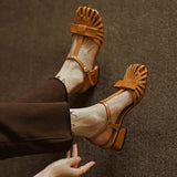 Purpdrank  New Shallow Rome Thick Med Heels Shoes Buckle Strap Genuine Leather Sandals Women Ladies Shoes Leather Gladiator Sandals