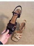 Purpdrank   French Strap Sandals Women Summer Skirts Flat Woven Hollow Artistic Retro Open Toe Roman Shoes Rubber Bottom Square Head