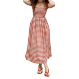 Purpdrank   Summer New Women Gingham Plaid Spaghetti Strap Maxi Dress Smocked Elastic Waist A-Line Flowy Dress Casual Vacation Beach Dress