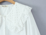 Purpdrank  New Spring White Cotton Long Lantern Sleeve Shirt Women Embroidery Lace Peter Pan Collar Front Open Buttons Loose Tops Blouses
