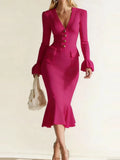 Purpdrank  Elegant V-neck Button Fishtail Dress Casual Flared Sleeve Hight Waist Slim Long Dress Women Fashion Commute Solid Party Dresses