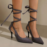 Purpdrank  Sexy Women Pumps Pointed Toe Stiletto 8.5cm Flock Suede Lace Up Large Size 46 47 48 Party Dating Female Shoes