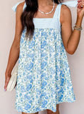 Purpdrank   New Women's Floral Print Tie Strap Mini Dress Striped Bodice Backless Babydoll Dress Casual Summer Vacation Dress