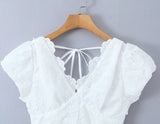 Purpdrank  Sweet White Embroidery Hollow Out Flower Cotton Lace V neck Short Puff Sleeve Shirt Women Zipper Elastic Back Slim Crop Tops