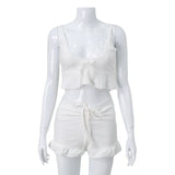 Purpdrank  New Summer Women Sexy Sling Lace-Up Homewear Suit Casual Sleeveless Short Top Shorts Loungewear Solid Backless Bow Patchwork Set
