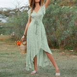 Purpdrank  Elegant Women's V-neck Floral Print Long Dress Summer Short-sleeve Lace Up A-line Dresses Bohemian Holiday Vacation Dresses