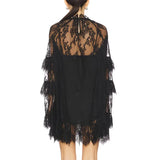 Purpdrank  Women Lace Sheer Dress Sexy See Through Mesh Long Sleeve High Neck Floral Cover Up Cocktail Party Mini Dresses
