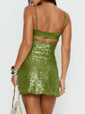 Purpdrank  Summer New Hollow Out Spliced Mini Dress Hot Girl Solid Color Backless Wrap Hips Dress Sexy Halter Sleeveless Sequins Slim Dress