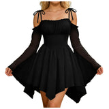 Purpdrank  Women's Boho Off Shoulder Tie Strap Mini Dress Bell Sleeve Asymmetrical Hem Corset Waist Gothic Dress Fairy Club Party Dresses