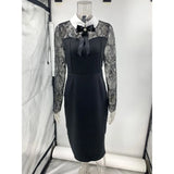 Purpdrank  Elegant Women Lace Corset Dress Sexy Ins Chic Office Lady Long Sleeve Turn Down Collar Hollow Out Slim Party Bodycon Dress