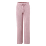 Purpdrank  New Autumn Fashion Rib Knit Wide Leg Pants for Woman Bow Lacing up Elastic Waist Straight Loose Trousers Yoga Bottom Beige Pink