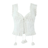 Purpdrank  White 3D Dot Spliced Lace Tie Bow Tassel Sexy Corset Women Summer Tank Tops Lacing up Bandage Strap no Button Crop Top