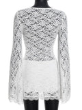 Purpdrank  Sexy White Lace Flare Sleeve Bodycon Dress Women Fashion O Neck Hollow Out Slim Fit Club Party Mini Dress Trendy Hot Girl