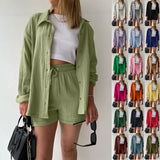 Purpdrank  Summer Cotton Linen High Waist Shirt Shorts Women Turn Down Collar Long Sleeve Tops and Shorts Suit Cotton Casual Two Piece Sets