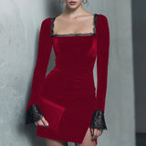 Purpdrank  Elegant Dresses Woman Sexy Hollow Square Collar Spliced Lace Velvet Dress New Autumn Long Sleeve Lady A-Line Mini Dress Vestidos
