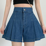 Purpdrank  Chic High Waist Denim Shorts Women Korean Casual Elastic High Waist Shorts Female Summer A Line Wide Leg Pleated Shorts Y2k