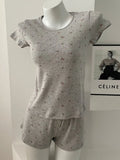 Purpdrank  Floral Print Eyelet T-shirt Shorts Set Women O-neck Slim Tees +Buttons Straight Sweatshort Casual Sweet Cotton Home 2 Pieces Set