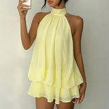 Purpdrank  Women Fashion Hight Waist Puffy Short Dress Elegant Lace-Up Solid Color Vacation Dresses Sexy Halter Backless Hollow Cake Dress