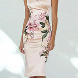 Purpdrank  New Office Elegant V Neck Women's Dress Spring Floral Print Slim Party Dresses Summer Sleeveless Back Zippers Holiday Dress