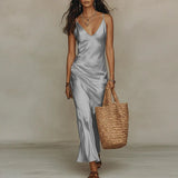 Purpdrank  Spring Summer Bohemian Beach Vacation Dress Sexy Deep V Neck Solid Satin Long Dress New Sleeveless Hollow Out Women's Maxi Dress