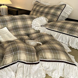 Purpdrank  Vintage Lace Ruffles Striped Plaid Floral Bedding Set Pure Cotton Double Layer Crinkle Yarn Duvet Cover Bed Sheet Pillowcases