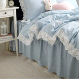 Purpdrank  100% Cotton Bedding Set Luxury Blue Plaid Printing Princess Lace Duvet Cover Bed Skirt Bedspread Pillowcases Home Textile