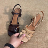 Purpdrank   French Strap Sandals Women Summer Skirts Flat Woven Hollow Artistic Retro Open Toe Roman Shoes Rubber Bottom Square Head