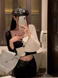 Purpdrank  Y2k Aesthetic Contrast Color Square Collar Cardigan Autumn Patchwork Hollow Out Knitted Pull Femme Harajuku Grunge Cropped Tops