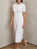 Purpdrank  Women Elegant Slim Bodycon Midi Party Dress Short Sleeve Solid Cable Knit Dress