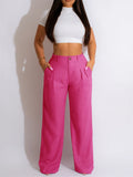 Purpdrank  Women Casual Loose Straight Pants High Waisted Button Wide Leg Trousers Pleated Long Culottes Pants Elastic Trouser with Pockets