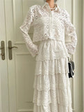 Purpdrank  Luxury Women's Blouse Set and Skirt Flower Hollow Hook Lace Shirt+High Waist Cake Skirt Set New Collection White Dress Set