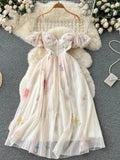 Purpdrank  Sweet Print Backless Bow Maxi Sundress Women's Sexy Off The Shoulder Strap Dress Summer Corset Lady's Strapless Long Dresses