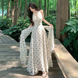 Purpdrank  French Style Polka Dot Print Halter Neck Dress Lace Vacation Long Dress