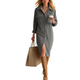 Purpdrank  Women's Corduroy Maxi Dress Lapel Collar Button Down Long Sleeve Casual Shirt Dress With Pockets Loose Side Slit Office Dresses