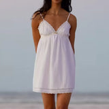 Purpdrank  Sexy Pink Spliced Embroidery Lace Deep V neck Mini Sling Dress Women Adjust Bow Ribbon Back Backless Party Robe Holiday