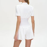 Purpdrank  Summer New Women Outdoor Sport Playsuits Overalls Fashion Stand Collar Short Sleeve Jumpsuits Elegant Slim Solid Zipper Rompers