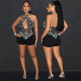 Purpdrank  Sexy Sparkly Rhinestones Mesh Rompers Womens Jumpsuit Shorts Club Outfits Halter Patchwork Sheer Cutout Bodycon Playsuit Woman