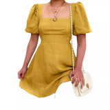 Purpdrank  Hot Sale Of The Season Spring Cotton Lin Mini Dress Street Style Comfortable Casual Pure Color Square Collar Lantern Sleeve