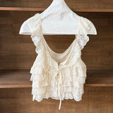 Purpdrank  Creamy Lace Ruffled Layered Strappy Top Women Blouses Vintage Sleeveless O Neck Cropped Camisole Boho Beach Sheer Tanks Tops