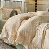 Purpdrank  Double Layer Yarn Pure Cotton French Floral Lace Ruffles Bedding Set Duvet Cover Set Pillowcases With Flat/Fitted Bed Sheet 4Pcs