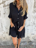 Purpdrank  Women's Casual Solid Color Cotton and Linen Shorts Long Sleeve Wrinkle Shirt Two-piece Set