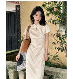 Purpdrank  New Chinese Style Waistband Slimming And Improved Qipao Summer Dress New Women Short Sleeve Long Patry Dress