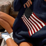 Purpdrank  Retro American Style Streetwear Star Flag Pattern Loose Fit Crewneck Pullover Knit Sweater Women's Top