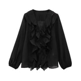 Purpdrank  Women's Long - sleeved V - neck Ruffled Blouse with Puffy Sleeves and Delicate Button - up Detail for a Charming Look